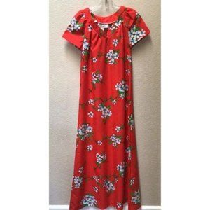 Vintage Hilo Hattie Hawaiian Maxi Dress Mumu Red White Floral Small